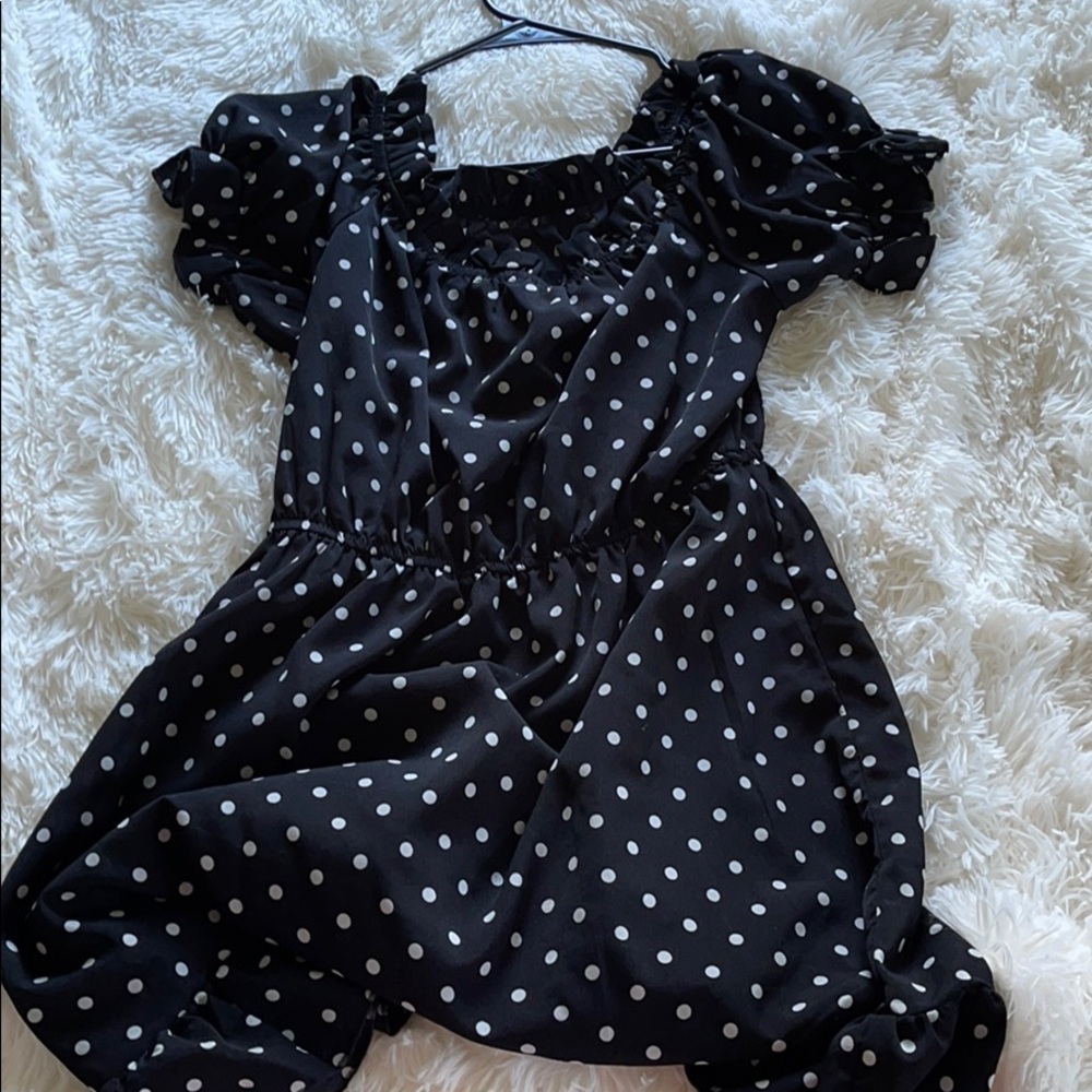 Off shoulder ruffle hem polka dot dress